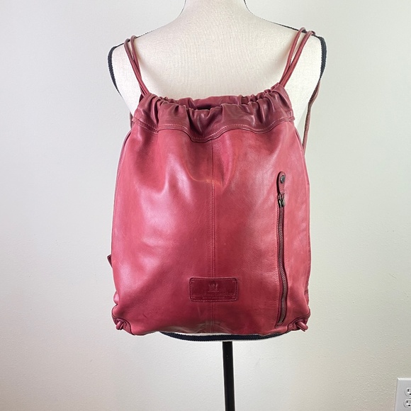 Aunts & Uncles Red Leather Drawstring Backpack Purse - Picture 1 of 16